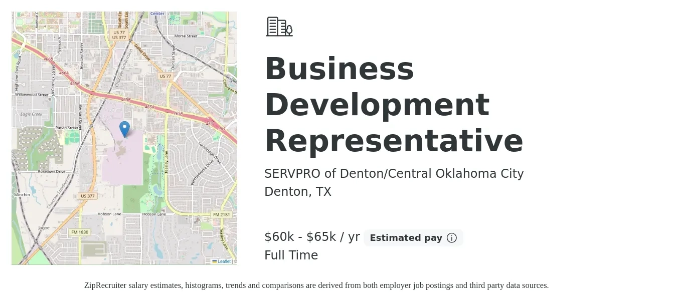 SERVPRO of Denton/Central Oklahoma City job posting for a Business Development Representative in Denton, TX with a salary of $60,000 to $65,000 Yearly with a map of Denton location.