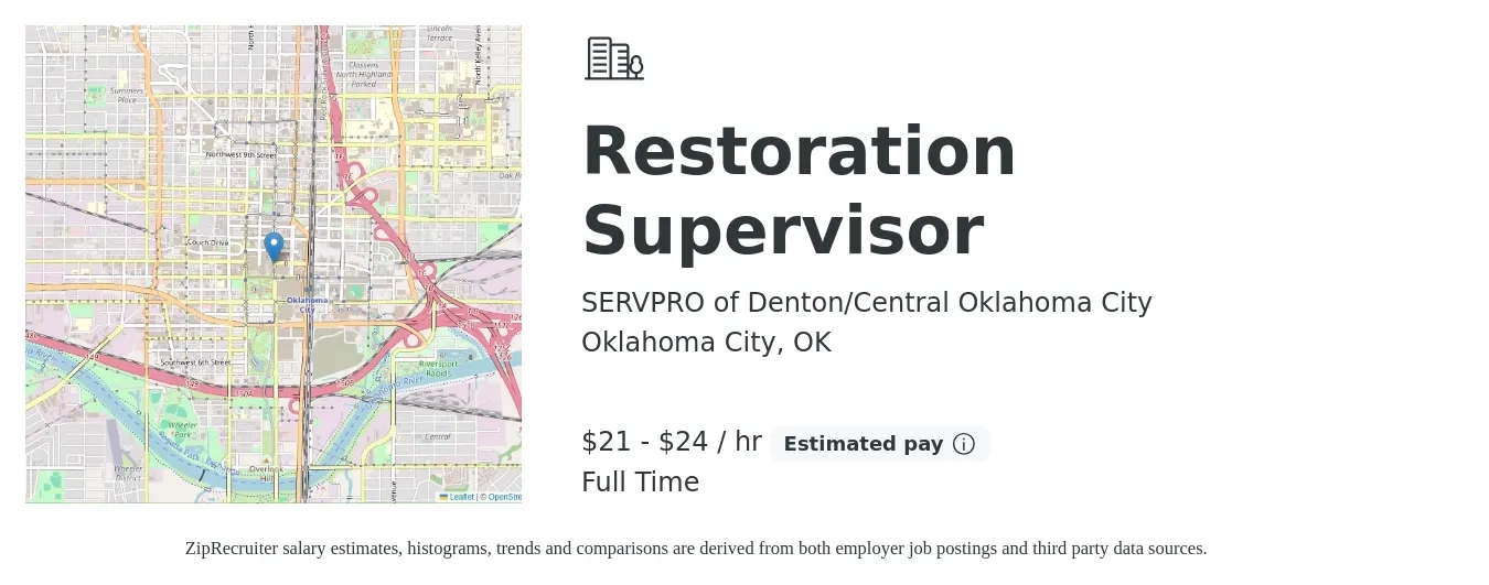 SERVPRO of Denton/Central Oklahoma City job posting for a Restoration Supervisor in Oklahoma City, OK with a salary of $22 to $25 Hourly with a map of Oklahoma City location.