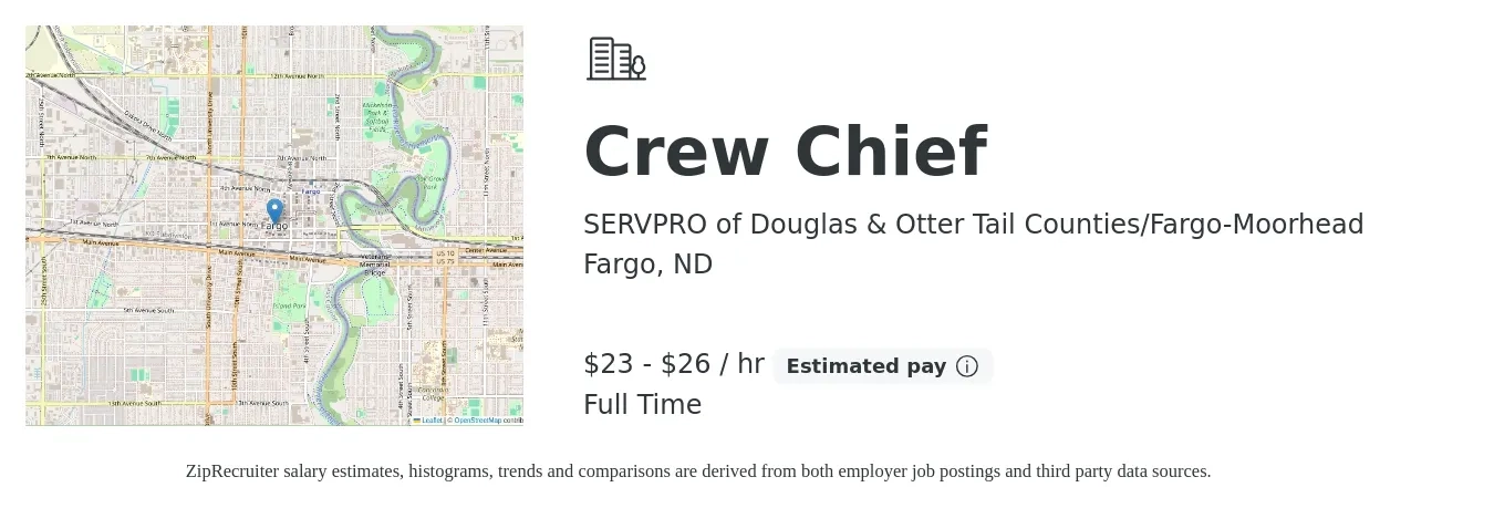 SERVPRO of Douglas & Otter Tail Counties/Fargo-Moorhead job posting for a Crew Chief in Fargo, ND with a salary of $24 to $28 Hourly with a map of Fargo location.
