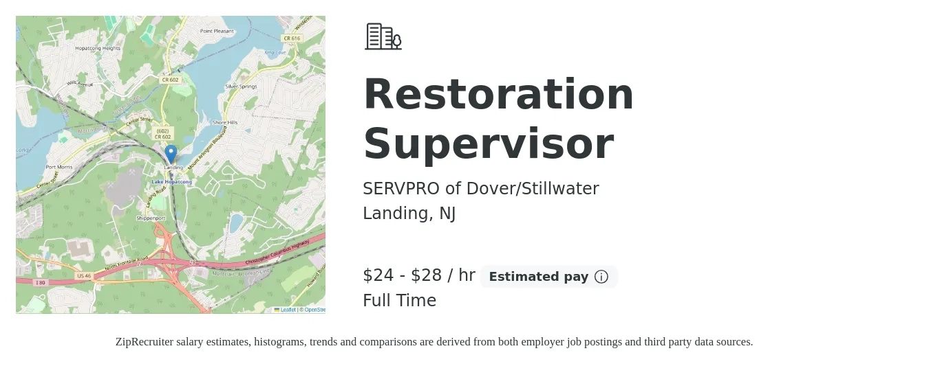 SERVPRO of Dover/Stillwater job posting for a Restoration Supervisor in Landing, NJ with a salary of $25 to $30 Hourly with a map of Landing location.
