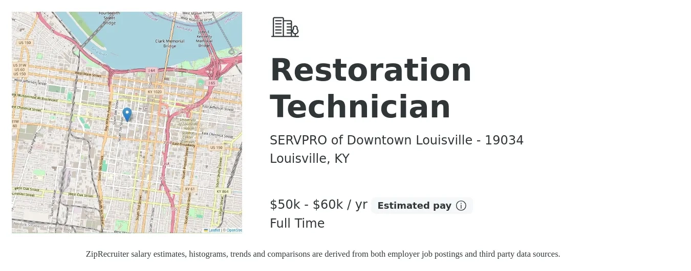 SERVPRO of Downtown Louisville - 19034 job posting for a Restoration Technician in Louisville, KY with a salary of $50,000 to $60,000 Yearly with a map of Louisville location.