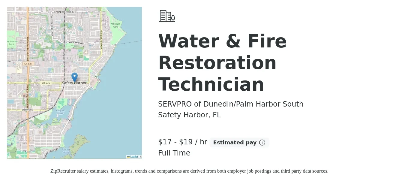SERVPRO of Dunedin/Palm Harbor South job posting for a Water & Fire Restoration Technician in Safety Harbor, FL with a salary of $18 to $20 Hourly with a map of Safety Harbor location.