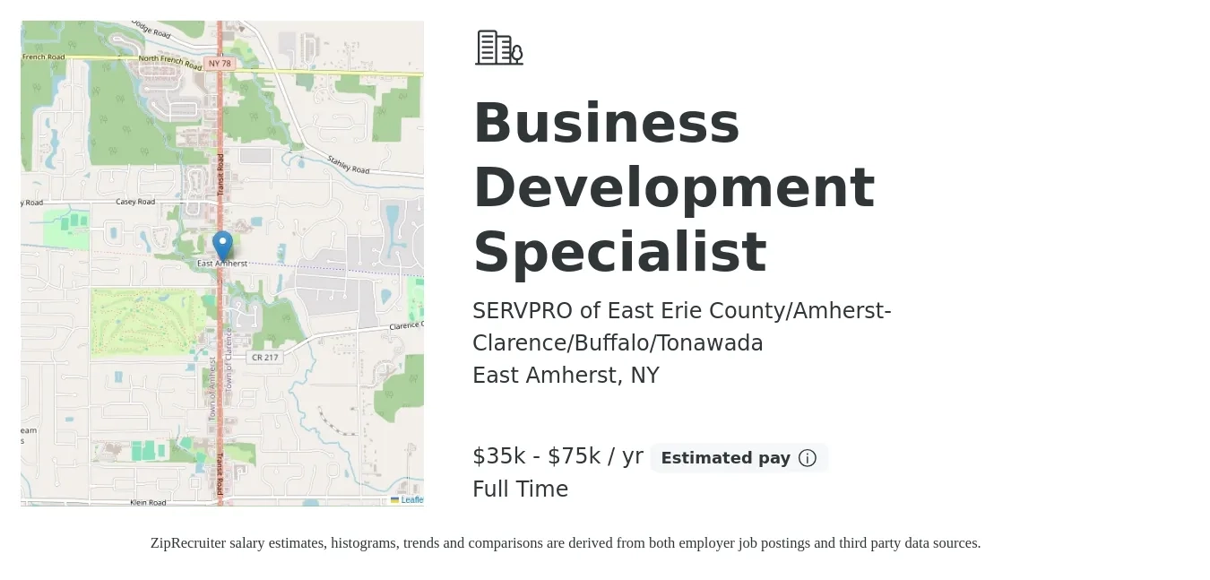 SERVPRO of East Erie County/Amherst-Clarence/Buffalo/Tonawada job posting for a Business Development Specialist in East Amherst, NY with a salary of $35,000 to $75,000 Yearly with a map of East Amherst location.