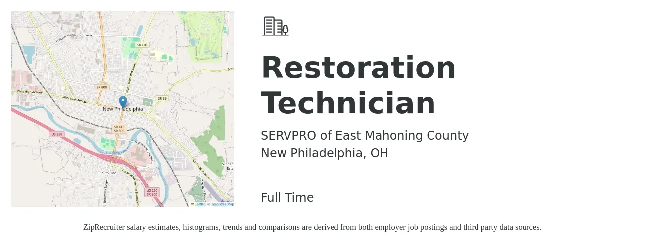 SERVPRO of East Mahoning County job posting for a Restoration Technician in New Philadelphia, OH with a salary of $16 to $19 Hourly with a map of New Philadelphia location.