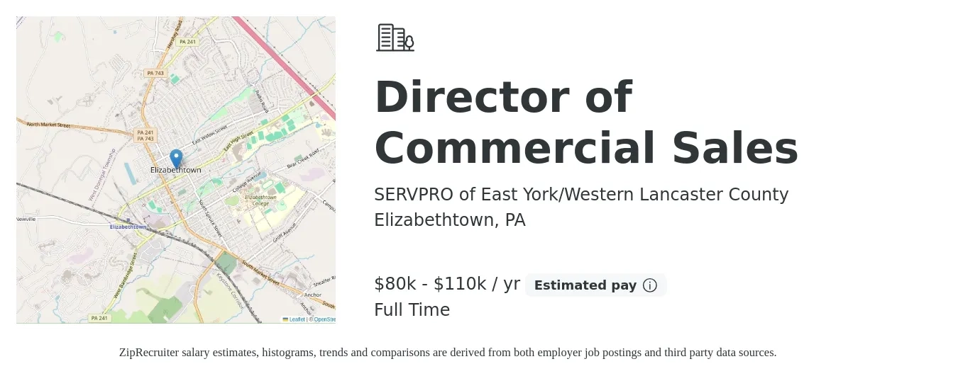 SERVPRO of East York/Western Lancaster County job posting for a Director of Commercial Sales in Elizabethtown, PA with a salary of $80,000 to $110,000 Yearly with a map of Elizabethtown location.