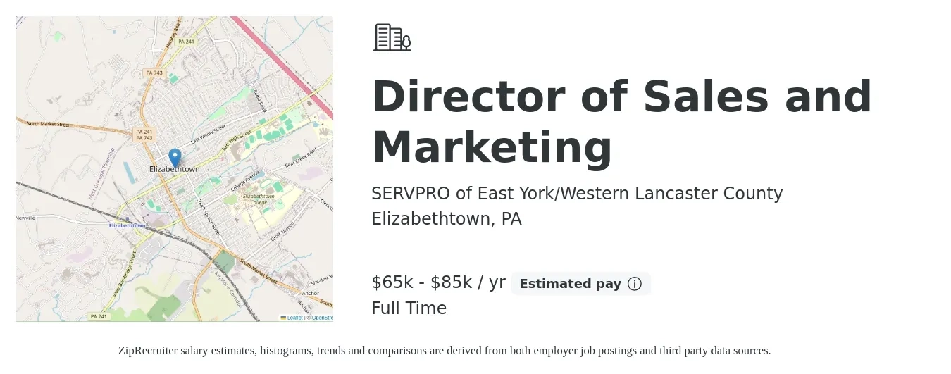 SERVPRO of East York/Western Lancaster County job posting for a Director of Sales and Marketing in Elizabethtown, PA with a salary of $65,000 to $85,000 Yearly with a map of Elizabethtown location.