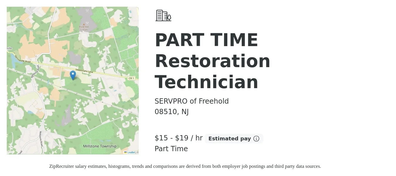 SERVPRO of Freehold job posting for a PART TIME Restoration Technician in 08510, NJ with a salary of $16 to $20 Hourly with a map of 08510 location.