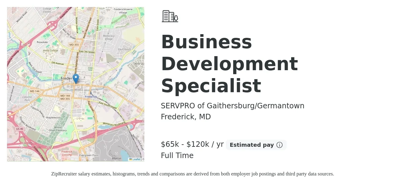 SERVPRO of Gaithersburg/Germantown job posting for a Business Development Specialist in Frederick, MD with a salary of $65,000 to $120,000 Yearly with a map of Frederick location.