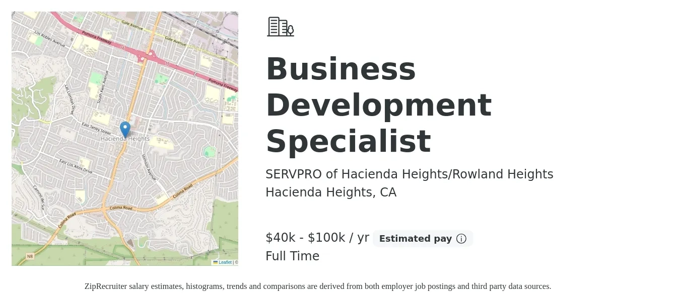 SERVPRO of Hacienda Heights/Rowland Heights job posting for a Business Development Specialist in Hacienda Heights, CA with a salary of $40,000 to $100,000 Yearly with a map of Hacienda Heights location.