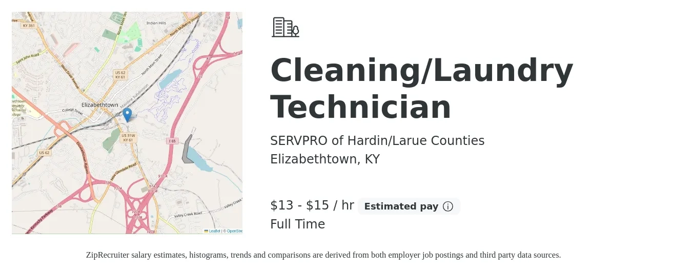 SERVPRO of Hardin/Larue Counties job posting for a Cleaning/Laundry Technician in Elizabethtown, KY with a salary of $14 to $16 Hourly with a map of Elizabethtown location.