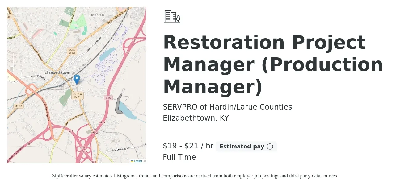 SERVPRO of Hardin/Larue Counties job posting for a Restoration Project Manager (Production Manager) in Elizabethtown, KY with a salary of $20 to $22 Hourly with a map of Elizabethtown location.