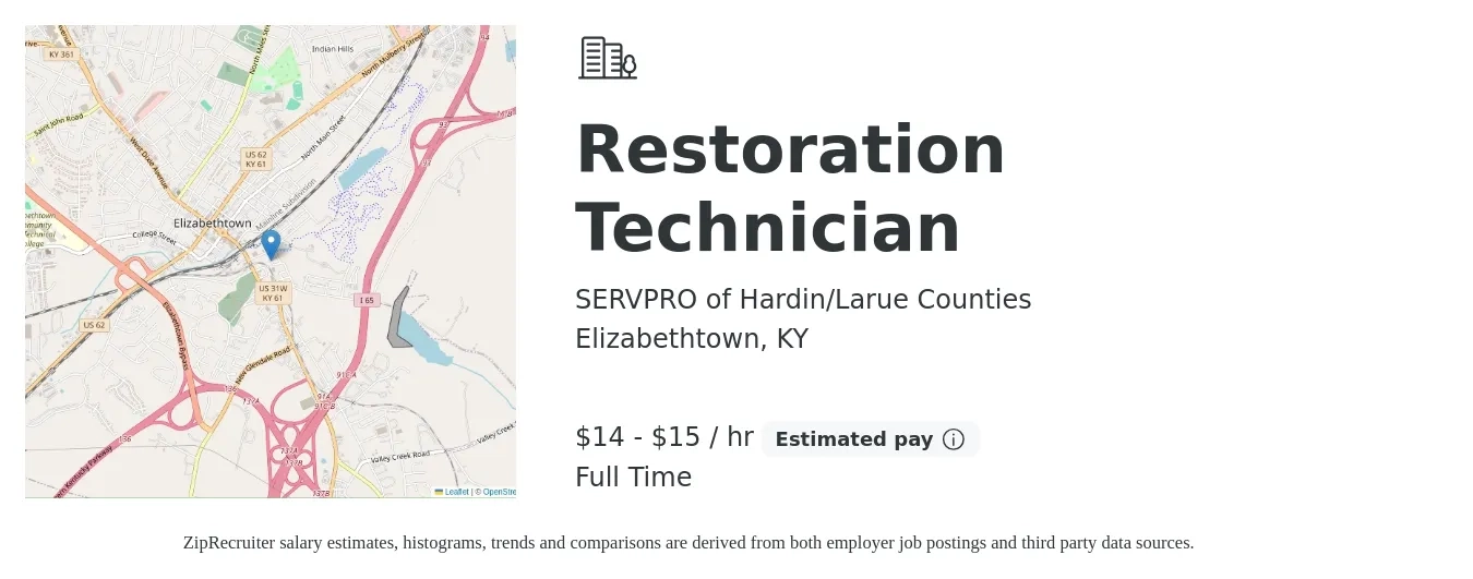 SERVPRO of Hardin/Larue Counties job posting for a Restoration Technician in Elizabethtown, KY with a salary of $15 to $16 Hourly with a map of Elizabethtown location.
