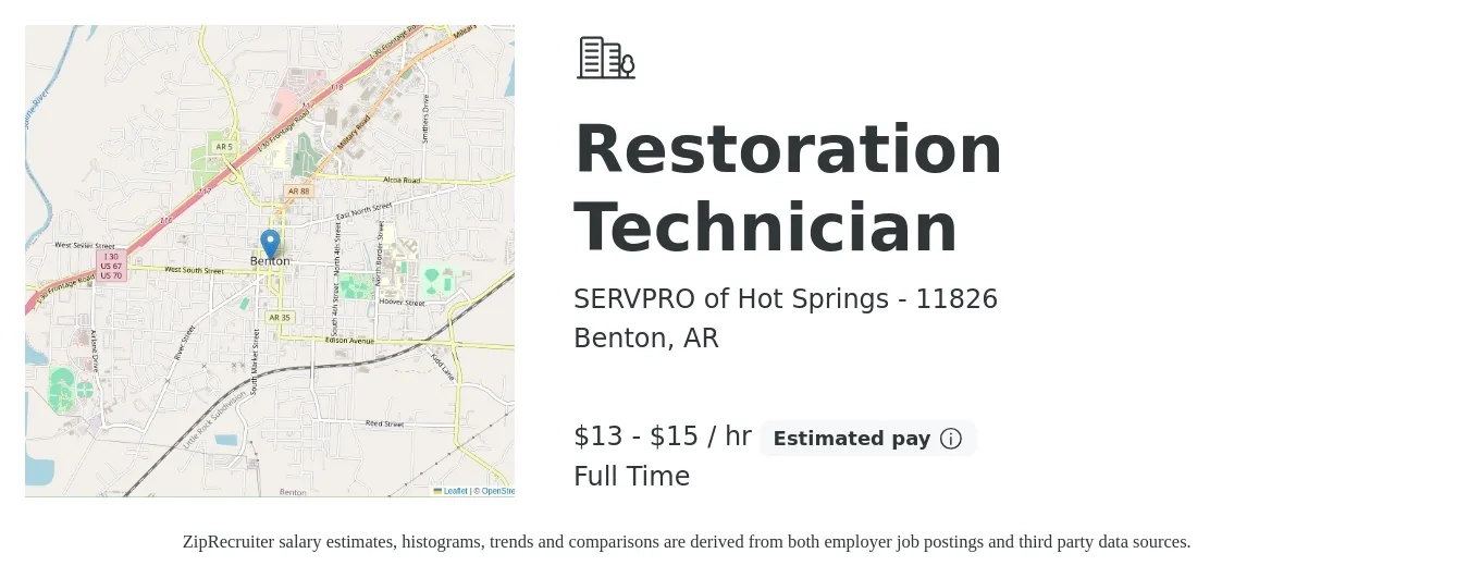 SERVPRO of Hot Springs - 11826 job posting for a Restoration Technician in Benton, AR with a salary of $14 to $16 Hourly with a map of Benton location.