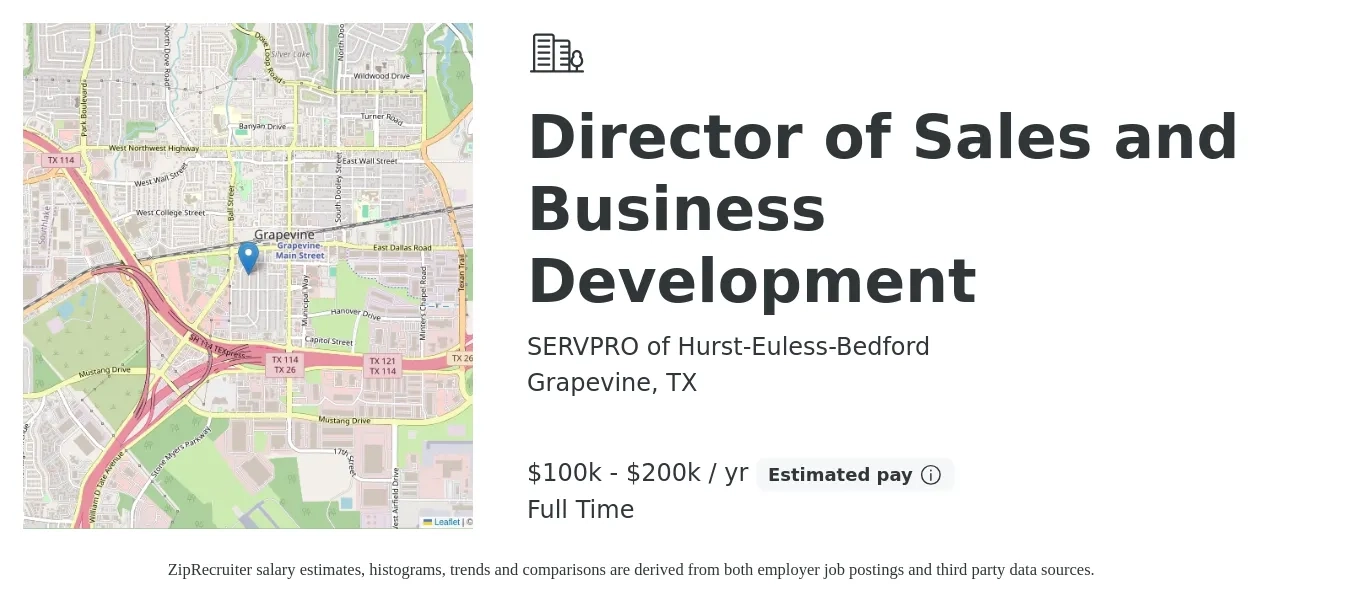 SERVPRO of Hurst-Euless-Bedford job posting for a Director of Sales and Business Development in Grapevine, TX with a salary of $100,000 to $200,000 Yearly with a map of Grapevine location.