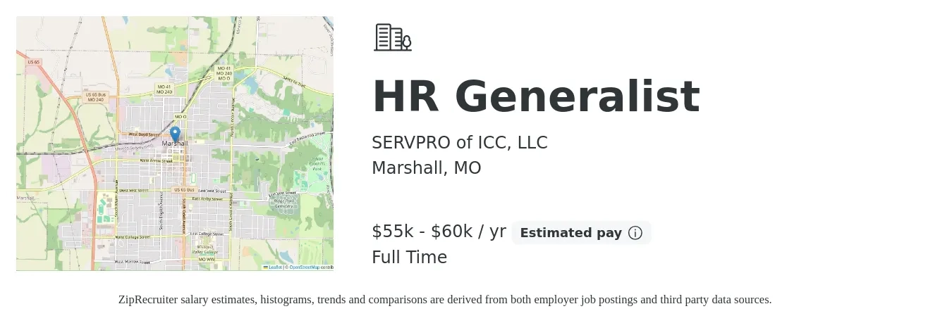 SERVPRO of ICC, LLC job posting for a HR Generalist in Marshall, MO with a salary of $55,000 to $60,000 Yearly with a map of Marshall location.