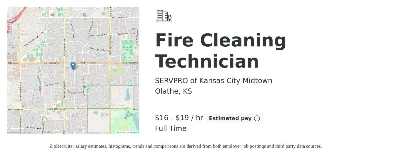 SERVPRO of Kansas City Midtown job posting for a Fire Cleaning Technician in Olathe, KS with a salary of $18 to $20 Hourly with a map of Olathe location.