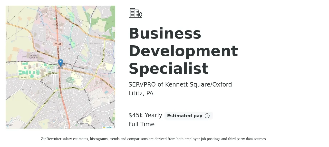 SERVPRO of Kennett Square/Oxford job posting for a Business Development Specialist in Lititz, PA with a salary of $45,000 Yearly with a map of Lititz location.