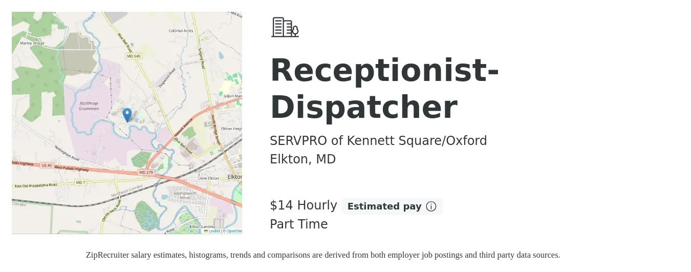 SERVPRO of Kennett Square/Oxford job posting for a Receptionist-Dispatcher in Elkton, MD with a salary of $15 Hourly with a map of Elkton location.