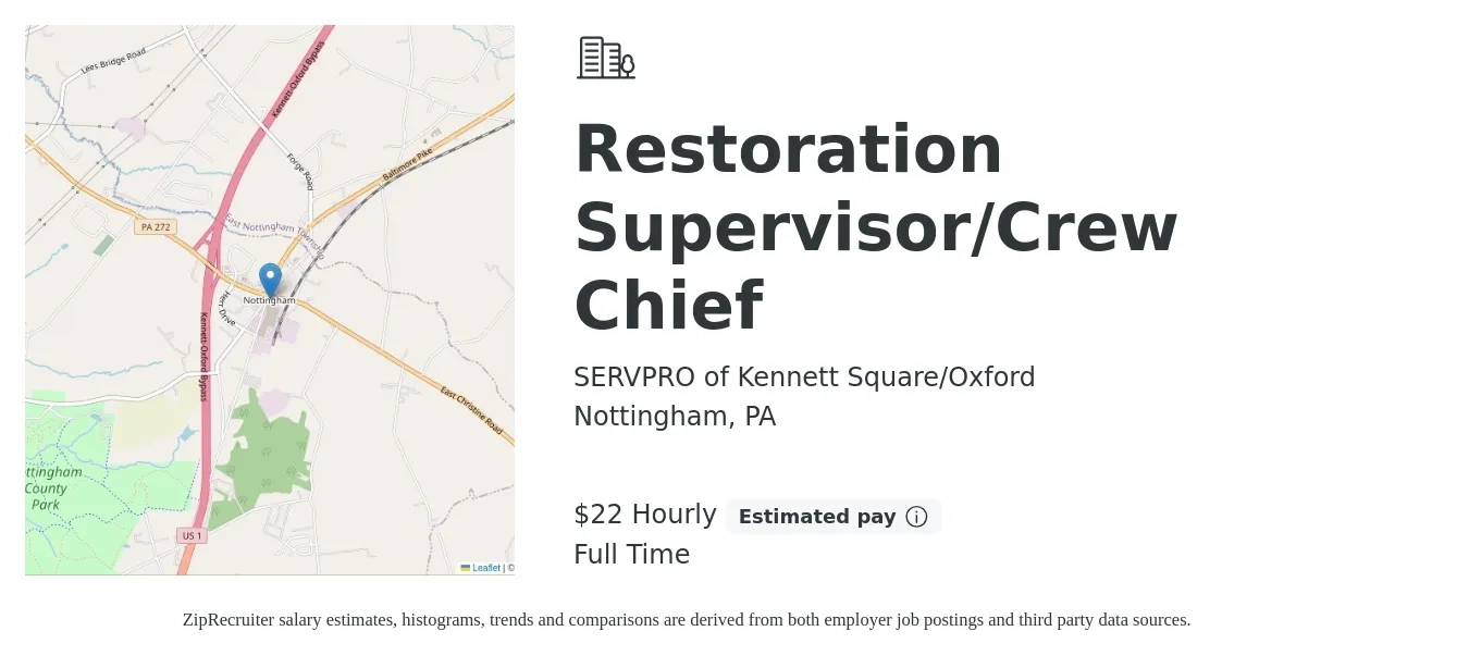 SERVPRO of Kennett Square/Oxford job posting for a Restoration Supervisor/Crew Chief in Nottingham, PA with a salary of $23 Hourly with a map of Nottingham location.