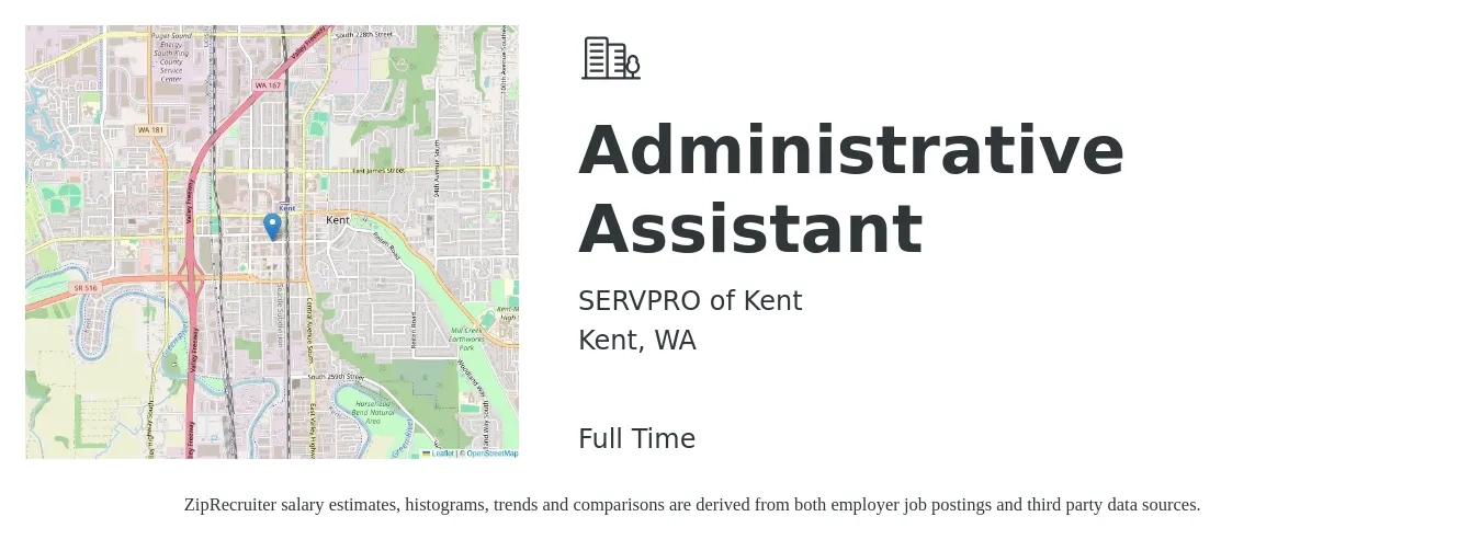 SERVPRO of Kent job posting for a Administrative Assistant in Kent, WA with a salary of $20 to $28 Hourly with a map of Kent location.