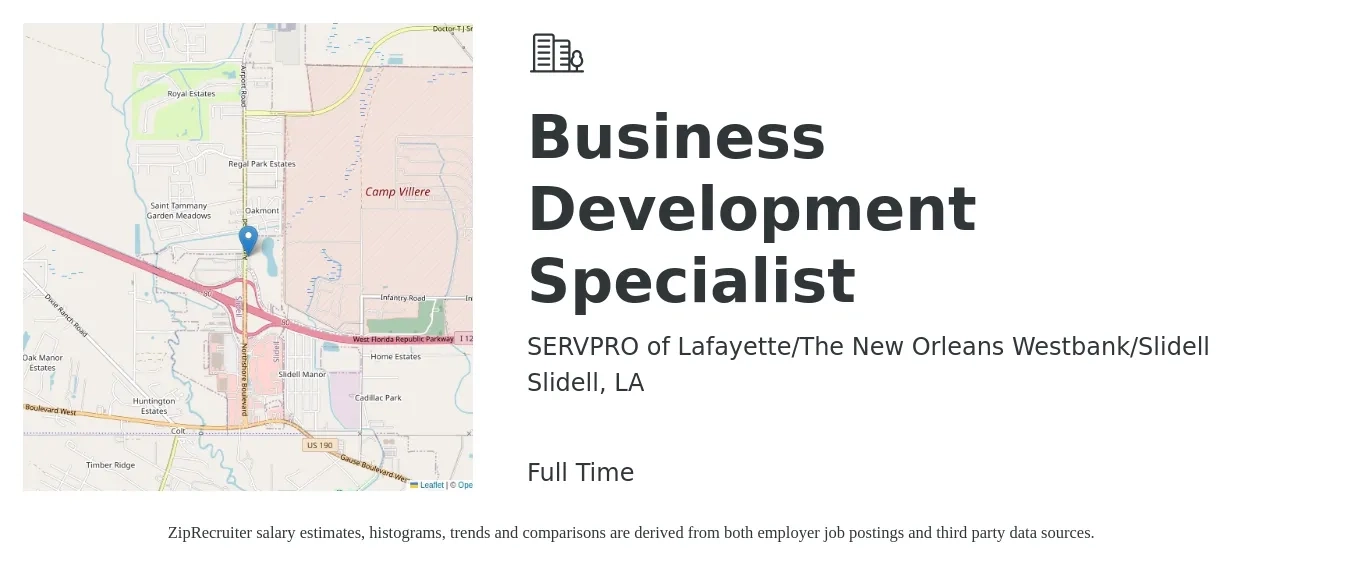 SERVPRO of Lafayette/The New Orleans Westbank/Slidell job posting for a Business Development Specialist in Slidell, LA with a salary of $40,800 to $68,200 Yearly with a map of Slidell location.