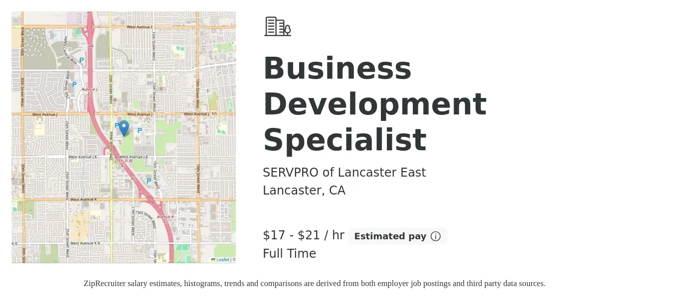 SERVPRO of Lancaster East job posting for a Business Development Specialist in Lancaster, CA with a salary of $18 to $22 Hourly with a map of Lancaster location.