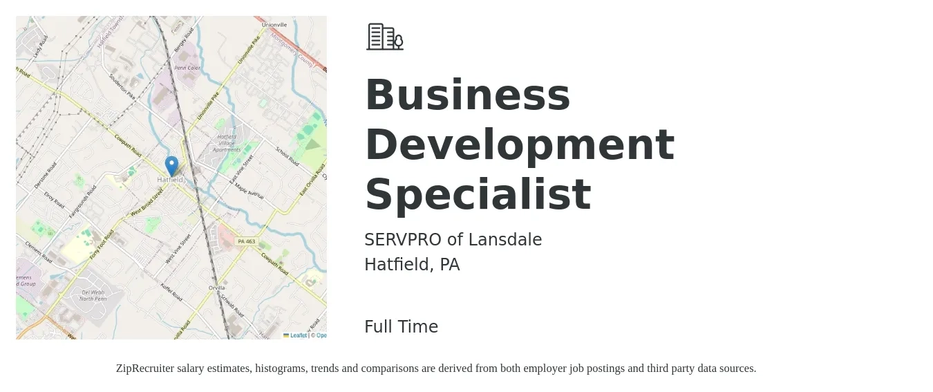 SERVPRO of Lansdale job posting for a Business Development Specialist in Hatfield, PA with a salary of $47,500 to $79,300 Yearly with a map of Hatfield location.