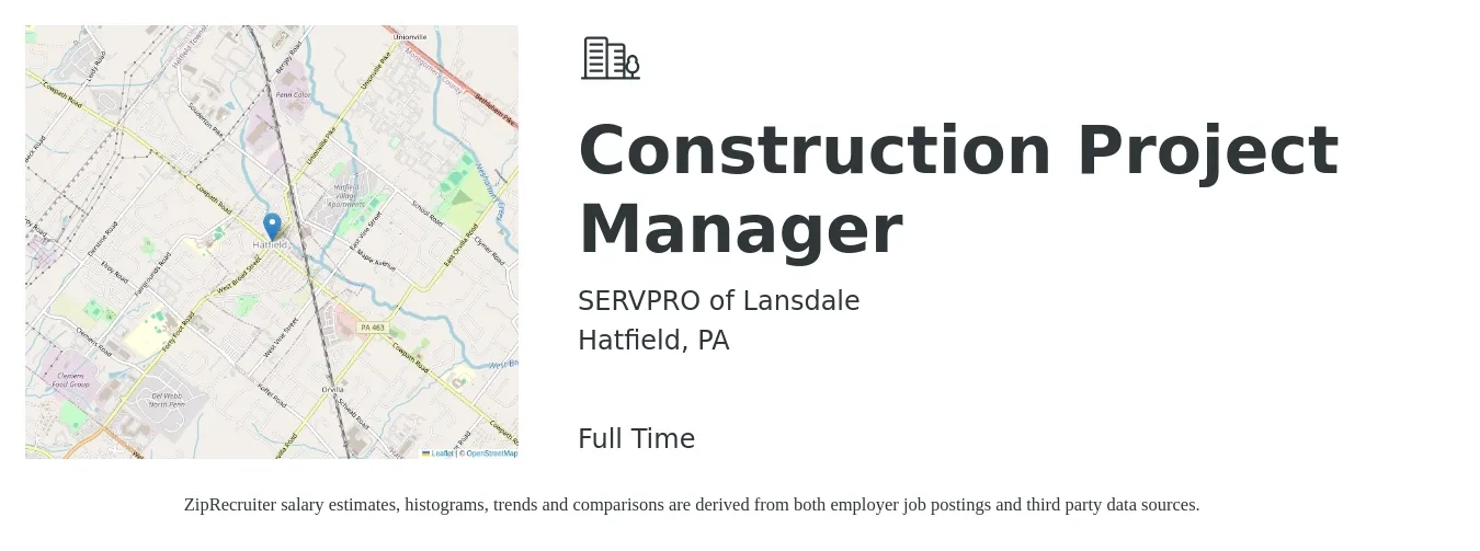 SERVPRO of Lansdale job posting for a Construction Project Manager in Hatfield, PA with a salary of $75,800 to $120,200 Yearly with a map of Hatfield location.