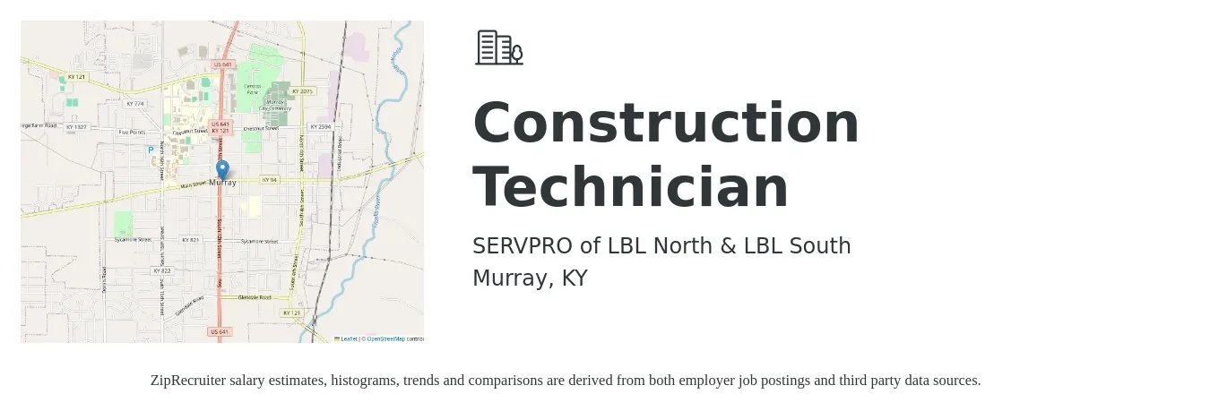 SERVPRO of LBL North & LBL South job posting for a Construction Technician in Murray, KY with a salary of $15 to $20 Hourly with a map of Murray location.