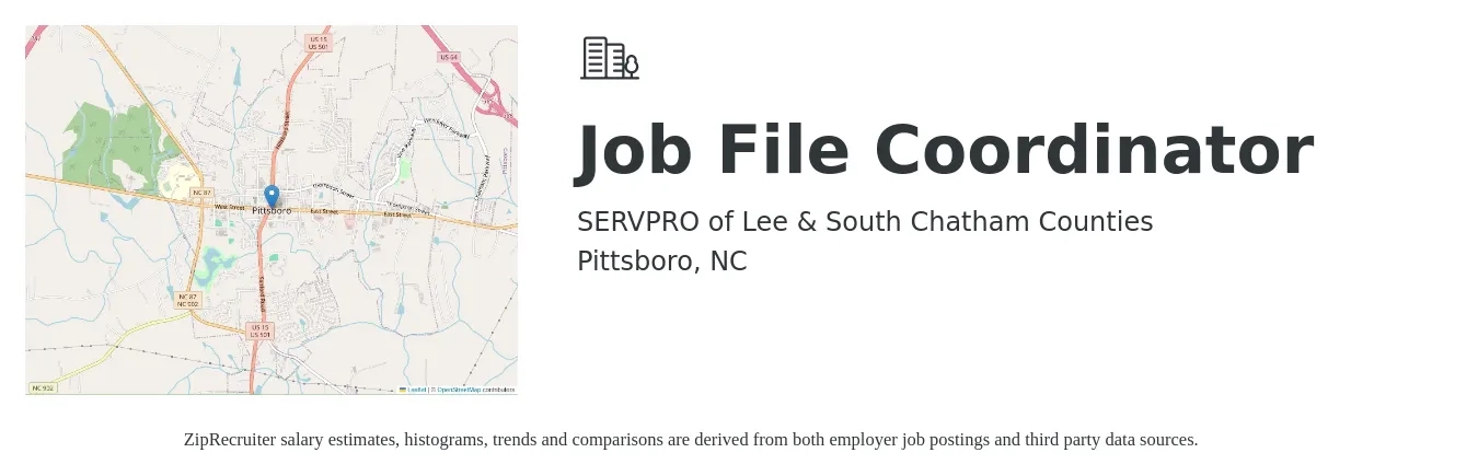 SERVPRO of Lee & South Chatham Counties job posting for a Job File Coordinator in Pittsboro, NC with a salary of $16 to $24 Hourly with a map of Pittsboro location.
