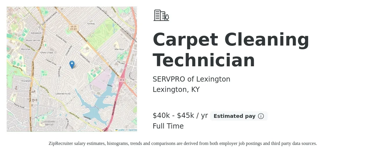 SERVPRO of Lexington job posting for a Carpet Cleaning Technician in Lexington, KY with a salary of $40,000 to $45,000 Yearly with a map of Lexington location.