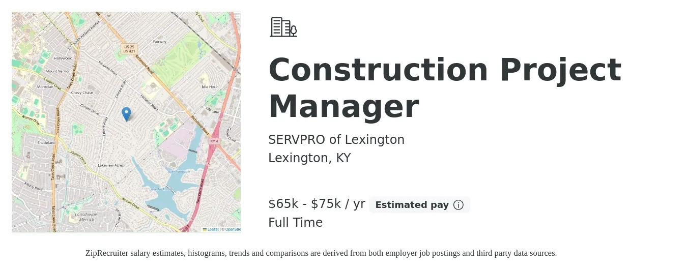 SERVPRO of Lexington job posting for a Construction Project Manager in Lexington, KY with a salary of $65,000 to $75,000 Yearly with a map of Lexington location.