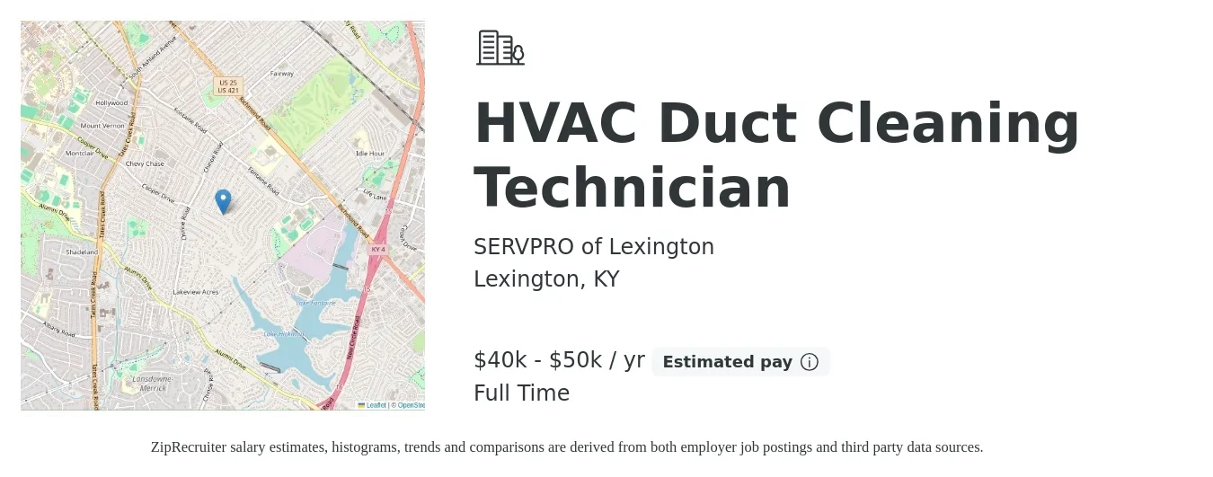 SERVPRO of Lexington job posting for a HVAC Duct Cleaning Technician in Lexington, KY with a salary of $40,000 to $50,000 Yearly with a map of Lexington location.