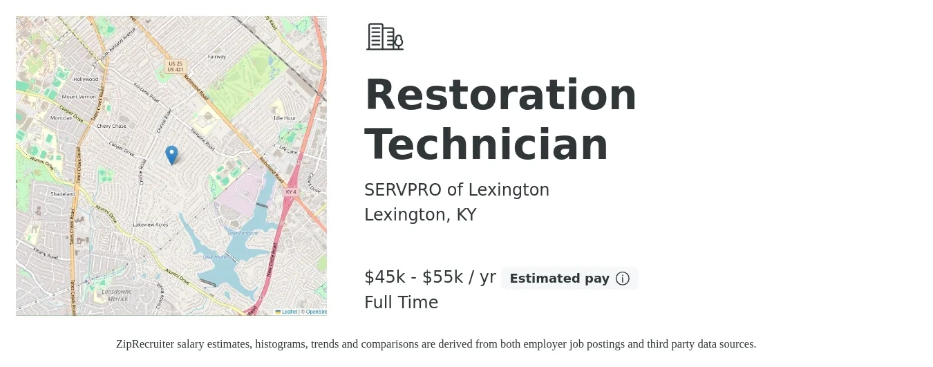 SERVPRO of Lexington job posting for a Restoration Technician in Lexington, KY with a salary of $45,000 to $55,000 Yearly with a map of Lexington location.