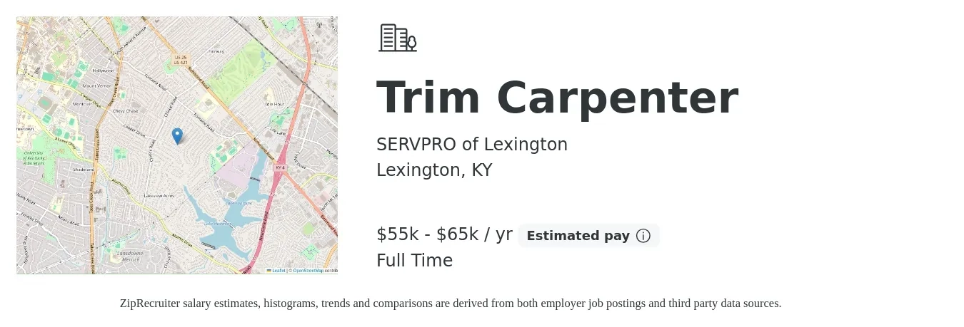 SERVPRO of Lexington job posting for a Trim Carpenter in Lexington, KY with a salary of $55,000 to $65,000 Yearly with a map of Lexington location.