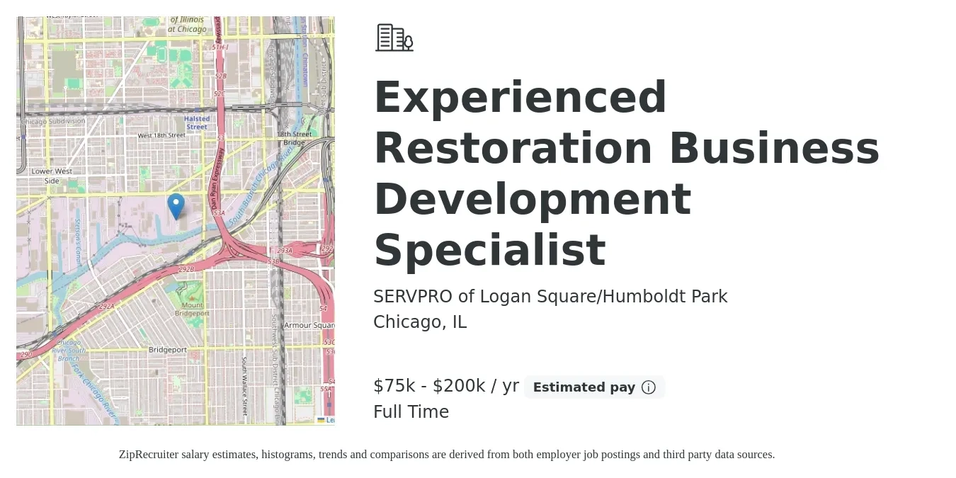 SERVPRO of Logan Square/Humboldt Park job posting for a Experienced Restoration Business Development Specialist in Chicago, IL with a salary of $75,000 to $200,000 Yearly with a map of Chicago location.