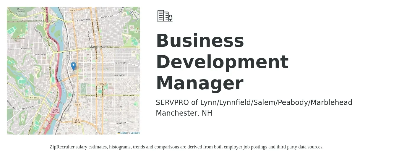 SERVPRO of Lynn/Lynnfield/Salem/Peabody/Marblehead job posting for a Business Development Manager in Manchester, NH with a salary of $85,000 to $110,000 Yearly with a map of Manchester location.