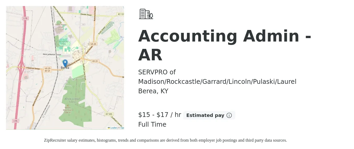 SERVPRO of Madison/Rockcastle/Garrard/Lincoln/Pulaski/Laurel job posting for a Accounting Admin - AR in Berea, KY with a salary of $16 to $18 Hourly with a map of Berea location.
