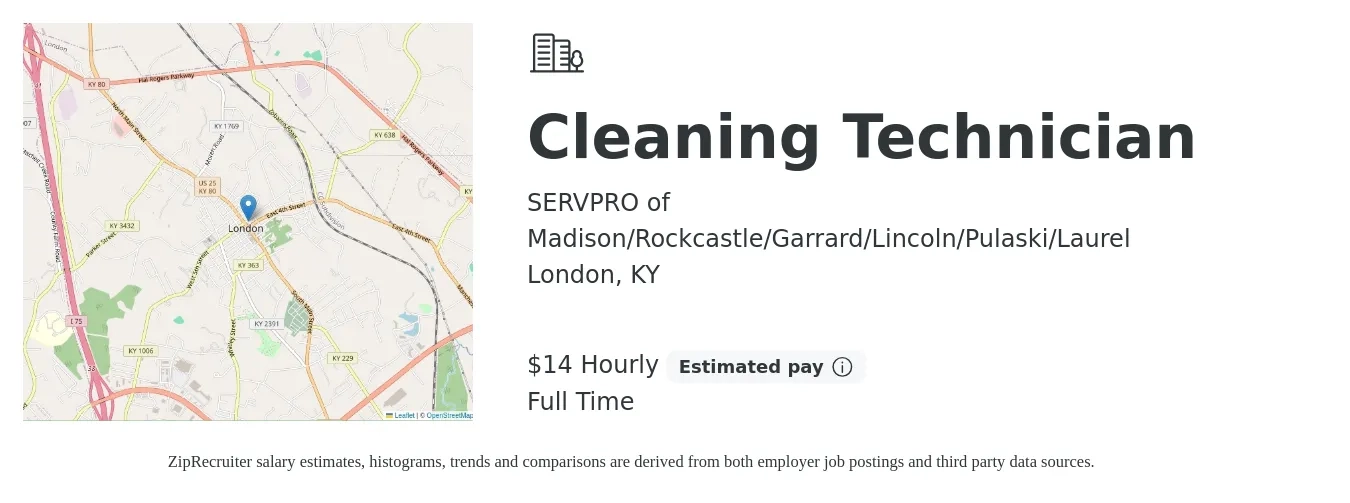 SERVPRO of Madison/Rockcastle/Garrard/Lincoln/Pulaski/Laurel job posting for a Cleaning Technician in London, KY with a salary of $15 Hourly with a map of London location.
