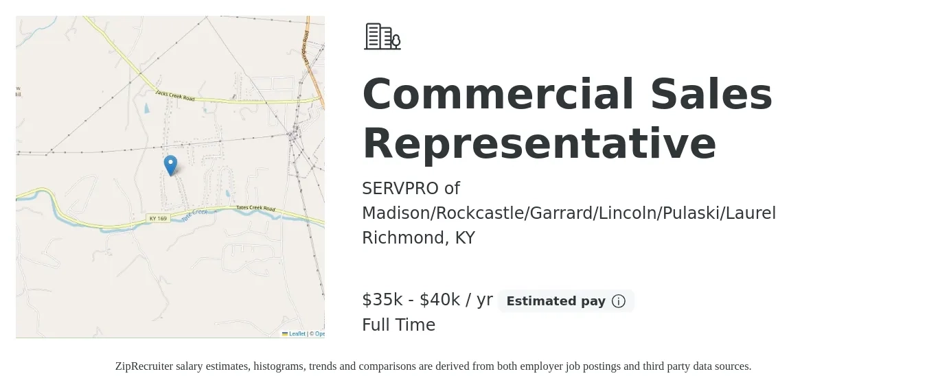 SERVPRO of Madison/Rockcastle/Garrard/Lincoln/Pulaski/Laurel job posting for a Commercial Sales Representative in Richmond, KY with a salary of $35,000 to $40,000 Yearly with a map of Richmond location.