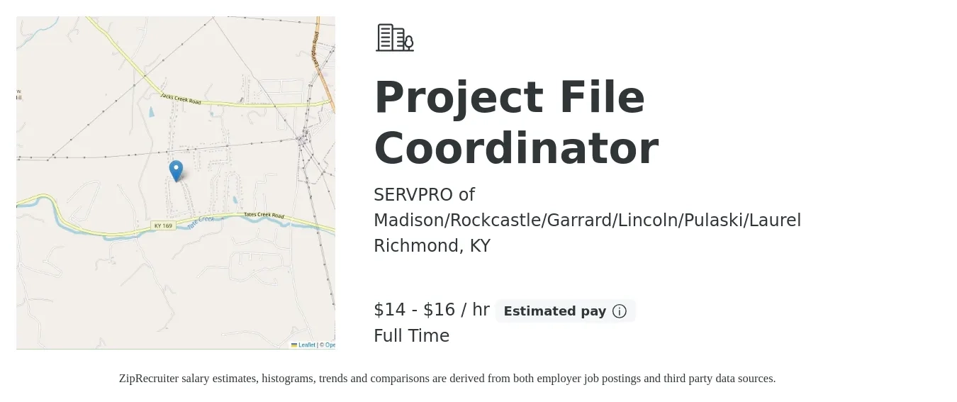 SERVPRO of Madison/Rockcastle/Garrard/Lincoln/Pulaski/Laurel job posting for a Project File Coordinator in Richmond, KY with a salary of $15 to $17 Hourly with a map of Richmond location.