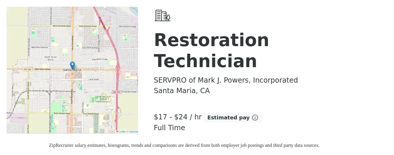 SERVPRO of Mark J. Powers, Incorporated job posting for a Restoration Technician in Santa Maria, CA with a salary of $18 to $25 Hourly with a map of Santa Maria location.