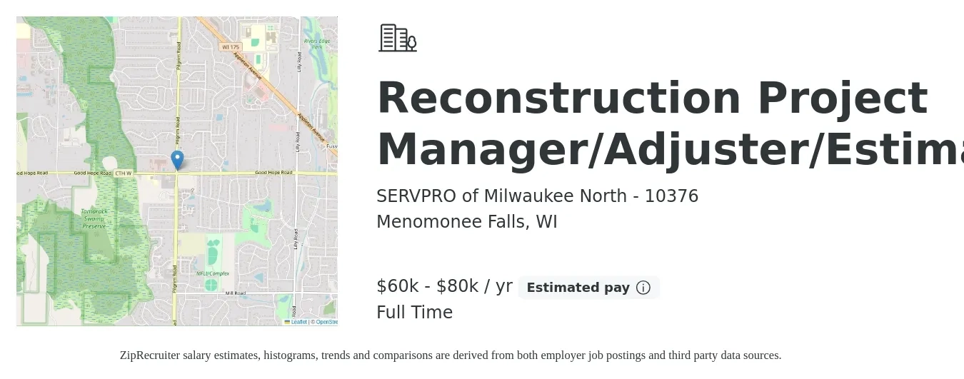 SERVPRO of Milwaukee North - 10376 job posting for a Reconstruction Project Manager/Adjuster/Estimator in Menomonee Falls, WI with a salary of $60,000 to $80,000 Yearly with a map of Menomonee Falls location.