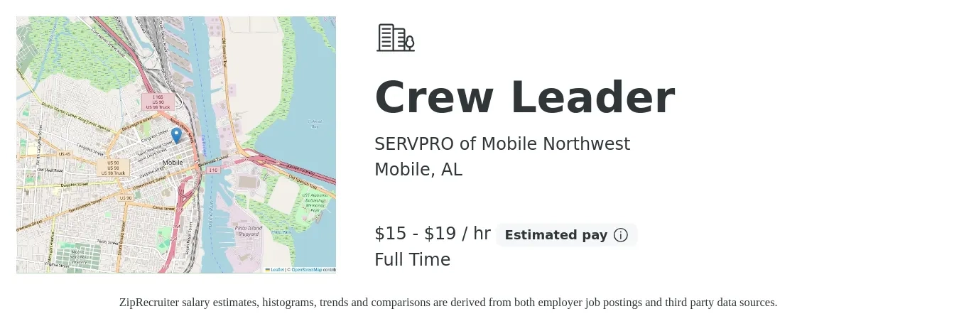 SERVPRO of Mobile Northwest job posting for a Crew Leader in Mobile, AL with a salary of $16 to $20 Hourly with a map of Mobile location.