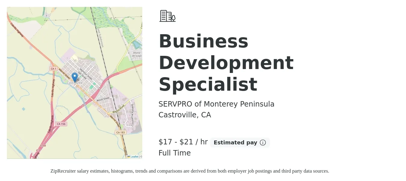 SERVPRO of Monterey Peninsula job posting for a Business Development Specialist in Castroville, CA with a salary of $18 to $22 Hourly with a map of Castroville location.