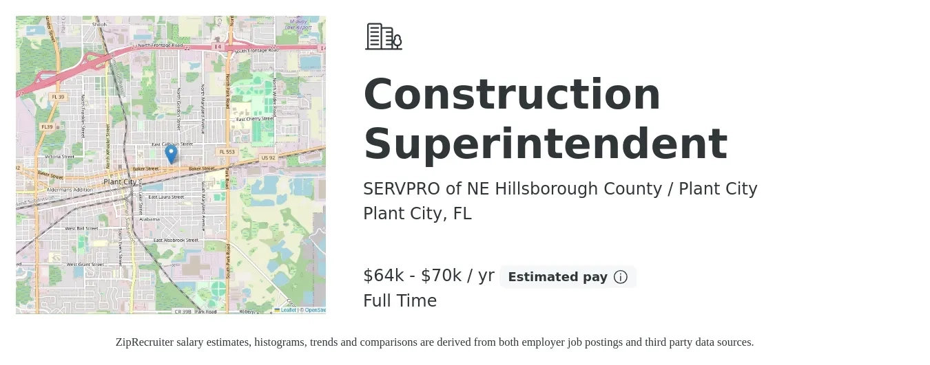 SERVPRO of NE Hillsborough County / Plant City job posting for a Construction Superintendent in Plant City, FL with a salary of $64,000 to $70,000 Yearly with a map of Plant City location.