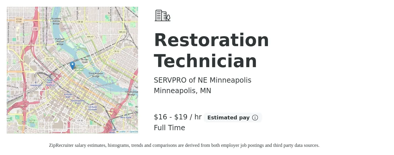 SERVPRO of NE Minneapolis job posting for a Restoration Technician in Minneapolis, MN with a salary of $18 to $20 Hourly with a map of Minneapolis location.