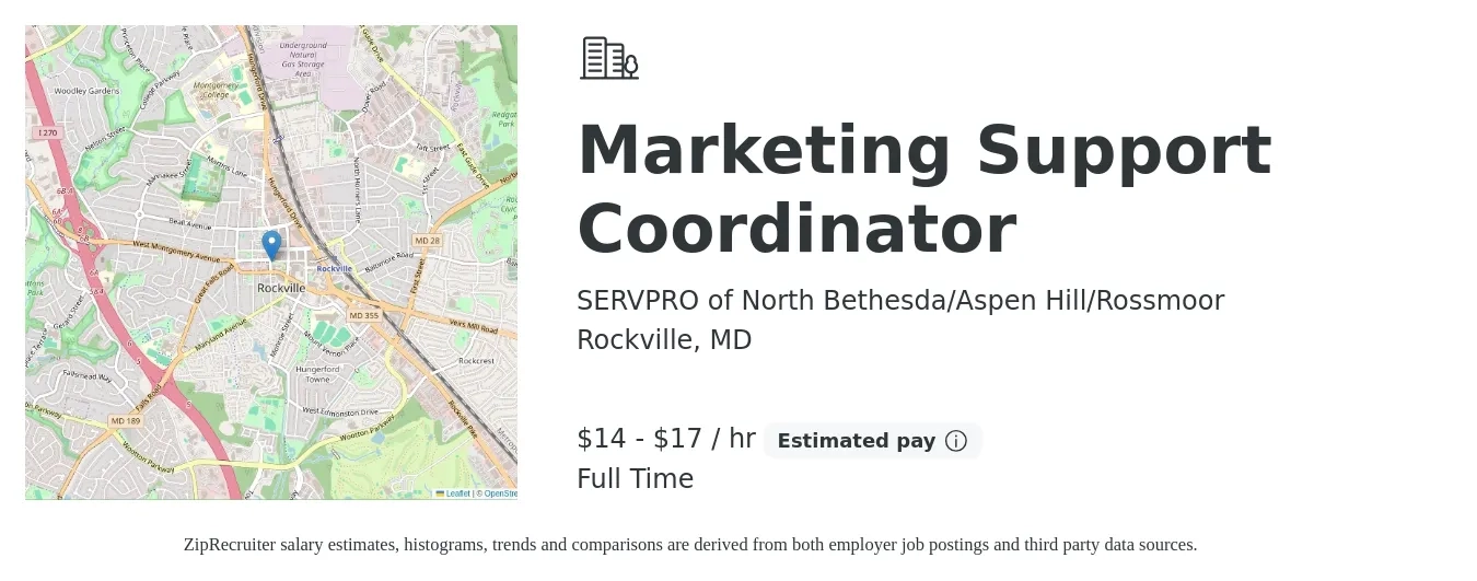 SERVPRO of North Bethesda/Aspen Hill/Rossmoor job posting for a Marketing Support Coordinator in Rockville, MD with a salary of $15 to $18 Hourly with a map of Rockville location.