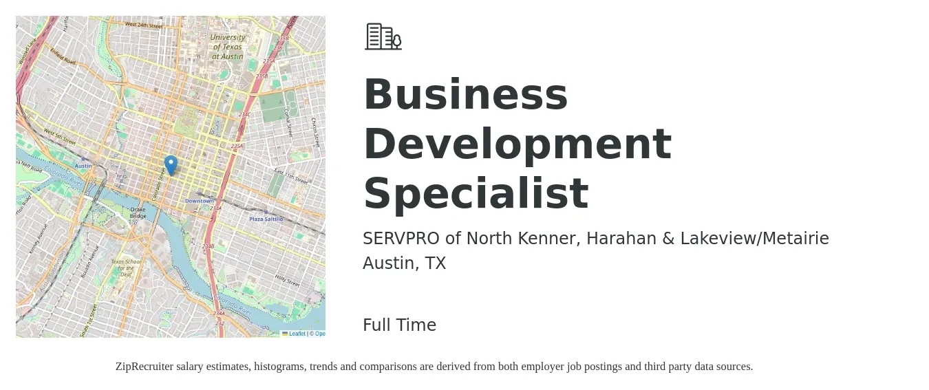 SERVPRO of North Kenner, Harahan & Lakeview/Metairie job posting for a Business Development Specialist in Austin, TX with a salary of $46,600 to $77,800 Yearly with a map of Austin location.