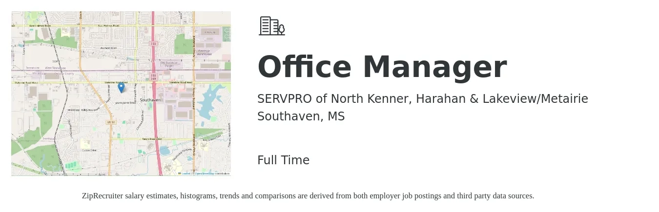 SERVPRO of North Kenner, Harahan & Lakeview/Metairie job posting for a Office Manager in Southaven, MS with a salary of $36,500 to $53,900 Yearly with a map of Southaven location.